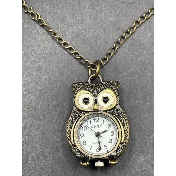 Vintage DBS Signed Goldtone Owl Pendant Quartz Watch w/ Chain Necklace - Picture 7 of 11